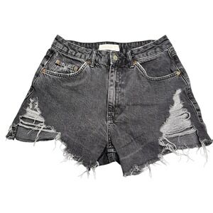 Topshop Denim Shorts size 6‎ 100% Cottton Distressed Frayed Hem High Waist Black
